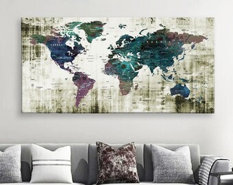 Impresión en lienzo artístico Mapas del mundo Alfiler de viaje Elija el tamaño Decoración de la pared Hogar Sala de estar Ofice Listo para colgar enmarcado 1.5" de profundidad (P2406)