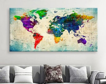Impresión en lienzo artístico Mapas del mundo Alfiler de viaje Elija el tamaño Decoración de la pared Hogar Sala de estar Ofice Listo para colgar enmarcado 1.5" de profundidad (P2405)