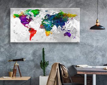 Impresión en lienzo artístico Mapas del mundo Alfiler de viaje Elija el tamaño Decoración de la pared Hogar Sala de estar Ofice Listo para colgar enmarcado 1.5" de profundidad (P2412)