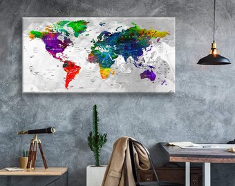 Art Canvas Print World Maps Travel push pin Choose The Size Wall Decor Home Living Room Ofice Ready To Hang framed 1.5" depth ( P2412 )