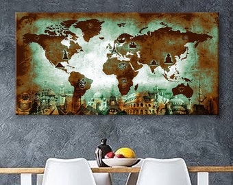 Impresión en lienzo artístico Mapa del mundo Pasador de viaje Elija el tamaño Decoración de pared Hogar Sala de estar Oficina Listo para colgar enmarcado 1.5" de profundidad (P2437)