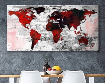 Art Canvas Print World Map Travel push pin Choose The Size Wall Decor Home Living Room Office Ready To Hang framed 1.5" depth ( P2436 )