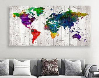 Impresión en lienzo artístico Mapas del mundo Alfiler de viaje Elija el tamaño Decoración de la pared Hogar Sala de estar Ofice Listo para colgar enmarcado 1.5" de profundidad (P2410)