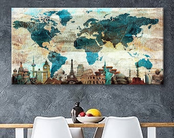 Impresión en lienzo artístico Mapa del mundo Pasador de viaje Elija el tamaño Decoración de pared Hogar Sala de estar Oficina Listo para colgar enmarcado 1.5" de profundidad (P2440)