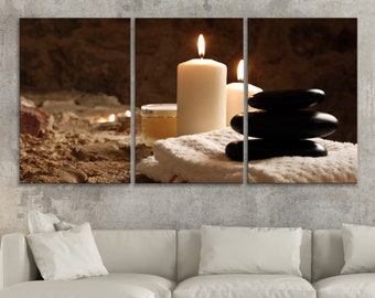 BoxColors LARGE 30"x 60" 3 panels 30x20 Ea Art Canvas Print Candle and Black Stone Spa relax Wall decor home living room N1940