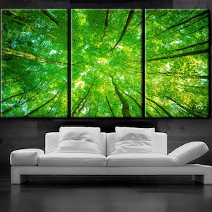 May include: A three-panel canvas print featuring a view of a lush green forest canopy from below. The trees are tall and slender, with their branches reaching up towards the sky. The leaves are a vibrant green, and the sunlight filters through the branches, creating a dappled effect on the forest floor.