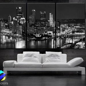 LARGE 30"x 60" 3 Panels Art Canvas Print beautiful Pittsburgh downtown city skyline Black & White Wall Home (Included framed 1.5" depth)