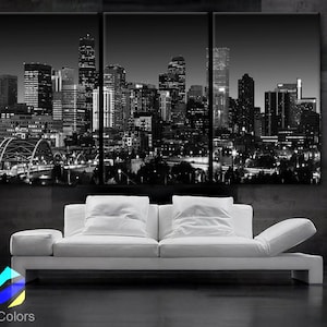 LARGE 30&quot;x 60&quot; 3 Panels Art Canvas Print Beautiful Denver Colorado skyline at night light buildings Wall Home (Included framed 1.5&quot; depth)