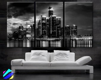 LARGE 30"x 60" 3 Panels Art Canvas Print beautiful Detroit Skyline Black & White Wall Home (Included framed 1.5" depth)
