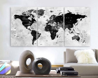 LARGE 30"x 60" 3 Panels Art Canvas Print Watercolor Map World Push Pin Travel cities Wall Black & White Gray decor Home  (framed 1.5" depth)