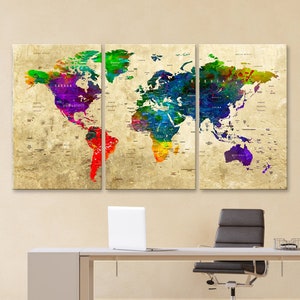 LARGE 30&quot;x 60&quot; 3 panels 30x20 Ea Art Canvas Print Watercolor Multi Color Map World Push Pin Wall decor (framed 1.5&quot; depth)M1829