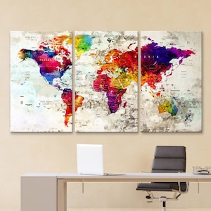 LARGE 30&quot;x 60&quot; 3 panels 30x20 Ea Art Canvas Print Watercolor Multi Color Map World Push Pin Wall decor (framed 1.5&quot; depth)M1830