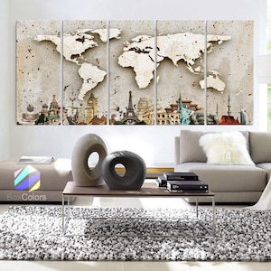 XLARGE 30&quot;x 70&quot; 5 Panels Art Canvas Print Original Wonders of the world Wall Texture Map travel Wall decor Home interior (framed 1.5&quot; depth)