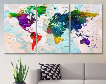 LARGE 30"x 60" 3 panels 30x20 Ea Art Canvas Print Watercolor Multi Color Map World Push Pin Travel Wall decor (framed 1.5" depth)M1807