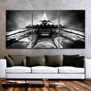 LARGE 30"x 60" 3 Panels Art Canvas Print beautiful Eiffel Tower Paris Black & White Night Wall decor interior (Included framed 1.5" depth)