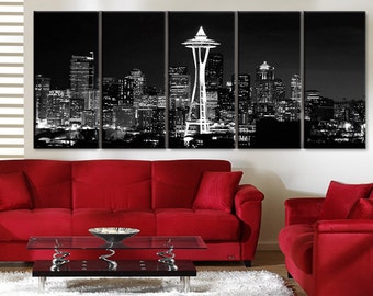 XLARGE 30"x 70" 5 Panels Art Canvas Print Seattle Washington night light Downtown Skyline Black & White Wall Home  decor (framed 1.5" depth)