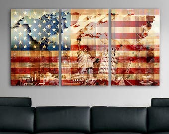 LARGE 30"x 60" 3 Panels Art Canvas Print American USA flag Glory Wonders Statue of Liberty Wall decor Home interior ( framed 1.5" depth )