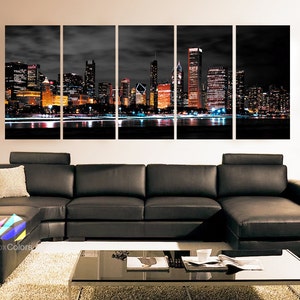 XLARGE 30"x 70" 5 Panels Art Canvas Print Chicago Skyline light Colors night ( background Black White gray ) Wall decor ( framed 1.5" depth)