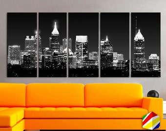 XLARGE 30"x70" 5 Panels Art Canvas Print Beautiful Atlanta skyline light buildings black & white Wall Home Office decor ( framed 1.5" depth)