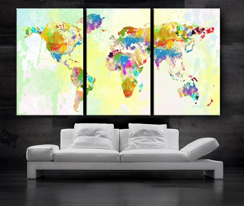 Included framed 1.5 depth LARGE 30x 60 3 Panels Art Canvas Print Original Watercolor World Map pastels Texture Wall Home decor interior