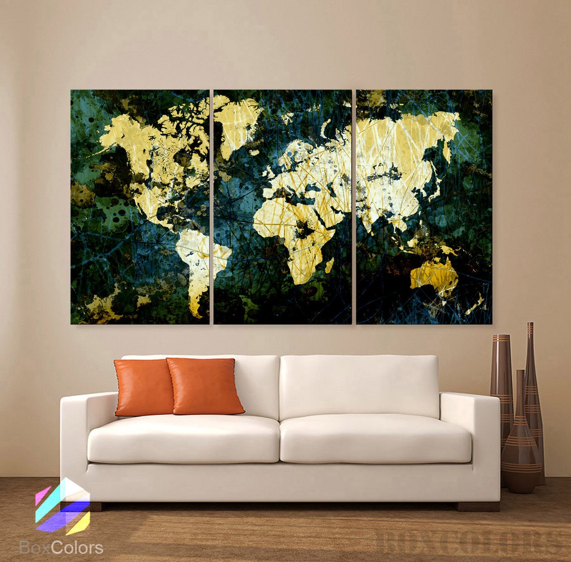 LARGE 30"x 60" 3 Panels Art Canvas Print World Map Texture Abstract ...