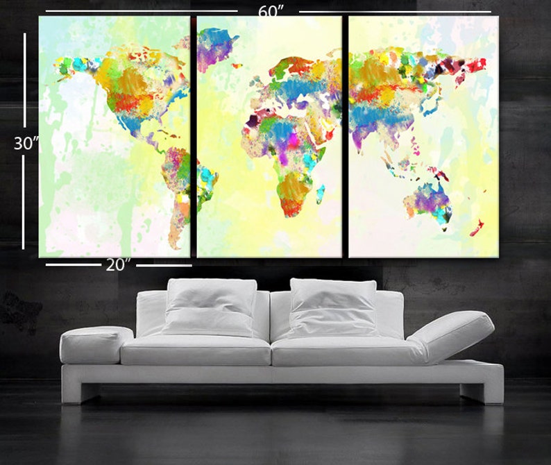 Included framed 1.5 depth LARGE 30x 60 3 Panels Art Canvas Print Original Watercolor World Map pastels Texture Wall Home decor interior