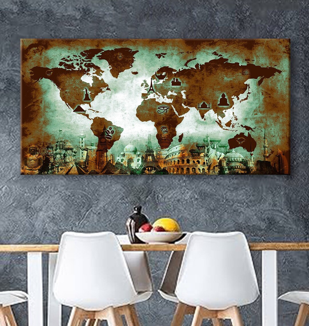 Art Canvas Print World Map Travel Push Pin Choose the Size Wall Decor ...