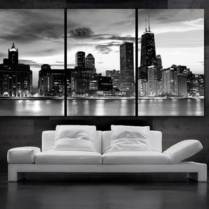 LARGE 30x 60 3 Panels Art Canvas Print Beautiful Chicago skyline Sunset light Wall Home Included framed 1.5 depth image 2