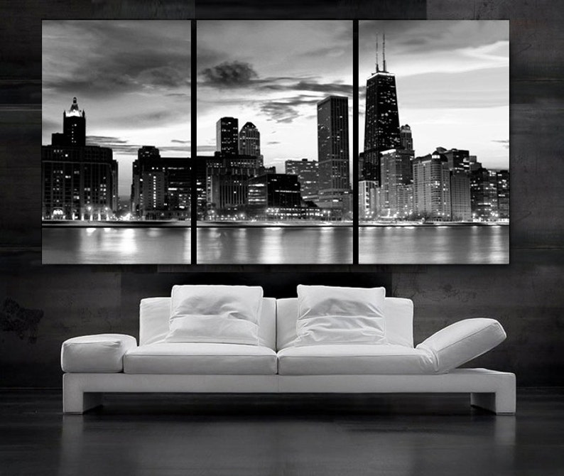 LARGE 30x 60 3 Panels Art Canvas Print Beautiful Chicago skyline Sunset light Wall Home Included framed 1.5 depth image 2