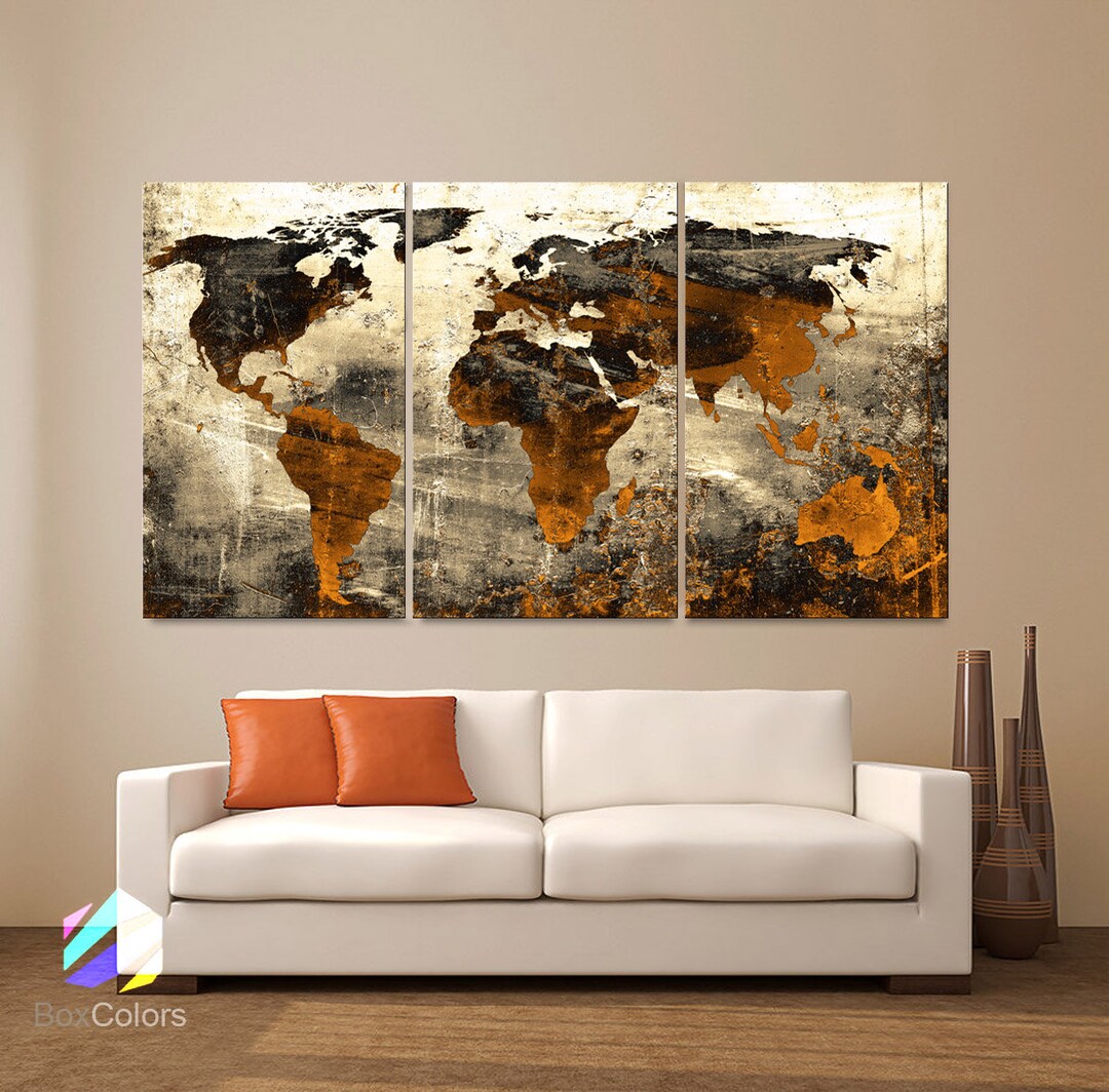 LARGE 30"x 60" 3 Panels Art Canvas Print World Map Abstract Background ...
