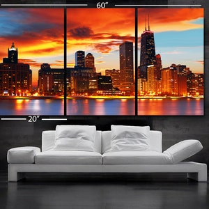 LARGE 30x 60 3 Panels Art Canvas Print Beautiful Chicago skyline Sunset light Wall Home Included framed 1.5 depth image 3