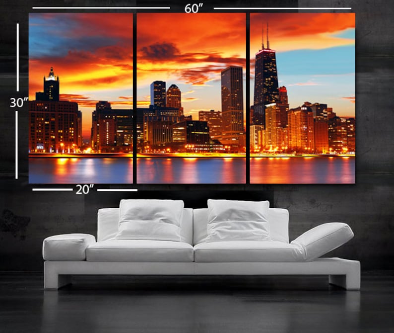 LARGE 30x 60 3 Panels Art Canvas Print Beautiful Chicago skyline Sunset light Wall Home Included framed 1.5 depth image 3