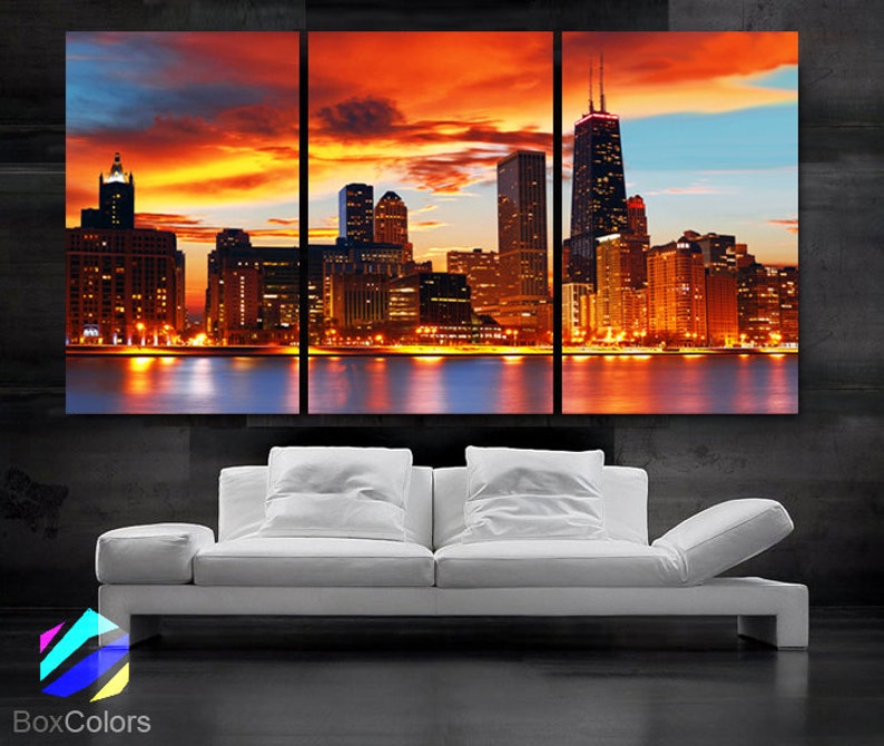 LARGE 30x 60 3 Panels Art Canvas Print Beautiful Chicago skyline Sunset light Wall Home Included framed 1.5 depth image 1