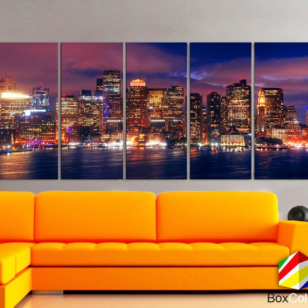 XLARGE 30"x 70" 5 Panels 30"x14" Ea Art Canvas Print beautiful Boston Skyline night Multicolor Wall Home decor interior (framed 1.5" depth)