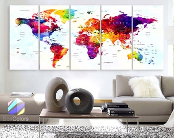 XLARGE 30 "x 70" 5 paneles arte lienzo impresión mundial mapa Original acuarela Push Pin de viajes ciudades pared casa decoración de oficina (marco de 1.5" de profundidad)