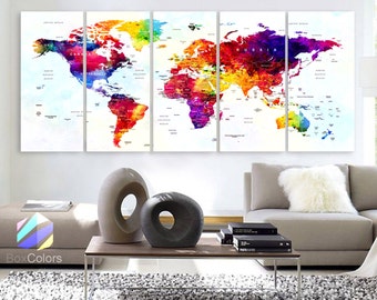 XLARGE 30"x 70" 5 Panels Art Canvas Print World Map Original Watercolor Push Pin Travel cities Wall  Home Office decor (framed 1.5" depth)