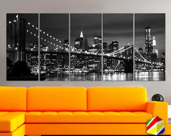 XLARGE 30"x 70" 5 Panels Art Canvas Print beautiful New York Brooklyn bridge skyline Black & White Wall Home (Included framed 1.5" depth)