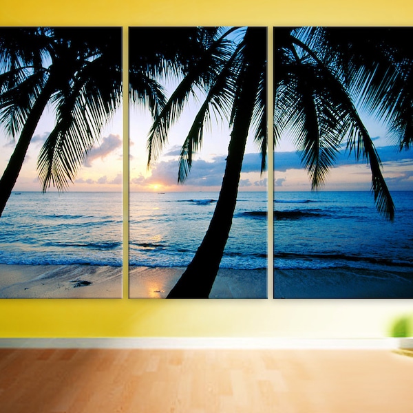 Huge 3 Panels framed 1.5" depth Art Canvas Print beautiful sunset Beach ocean Palm sea blue Wall home office decor interior