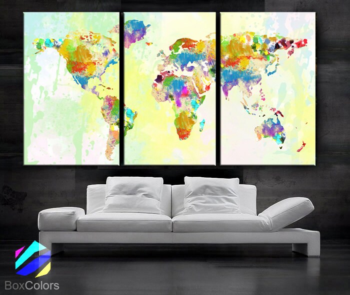 LARGE 30"x 60" 3 Panels Art Canvas Print Original Watercolor World Map ...