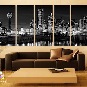 XLARGE 30&quot;x 70&quot; 5 Panels Art Canvas Print beautiful Dallas tx Skyline Black & White Wall Home (Included framed 1.5&quot; depth)