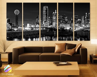 XLARGE 30"x 70" 5 Panels Art Canvas Print beautiful Dallas tx Skyline Black & White Wall Home (Included framed 1.5" depth)
