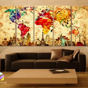 XLARGE 30&quot;x 70&quot; 5 Panels Art Canvas Print Original Wonders of the world Old Paper Map Colorful Wall decor Home interior (framed 1.5&quot; depth)