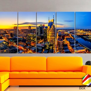 XLARGE 30&quot;x70&quot; 5 Panels Art Canvas Print Nashville Skyline Downtown night full color Wall Home office decor interior ( framed 1.5&quot; depth)