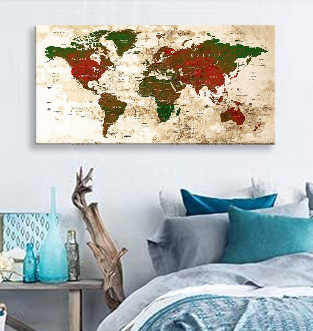 Art Canvas Print World Maps Travel Push Pin Choose the Size Wall Decor ...