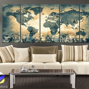 May include: A multi-panel canvas print featuring a vintage-style world map with iconic landmarks from around the globe. The map is rendered in shades of blue and beige, with a textured, distressed effect. The landmarks are depicted in black and white, adding a touch of contrast to the overall design.