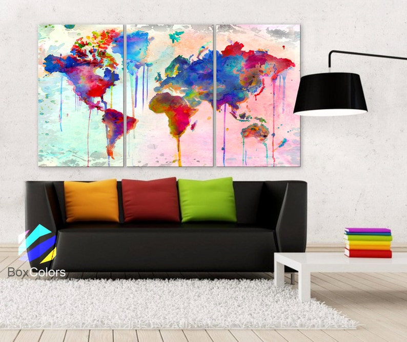 LARGE 30"x 60" 3 Panels Art Canvas Print Map World Watercolor Abstract ...