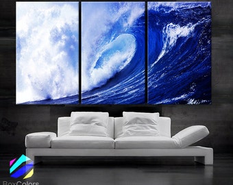 LARGE 30"x 60" 3 panels Art Canvas Print  Beach Ocean Sea Wave Blue White Wall (Included framed 1.5" depth)