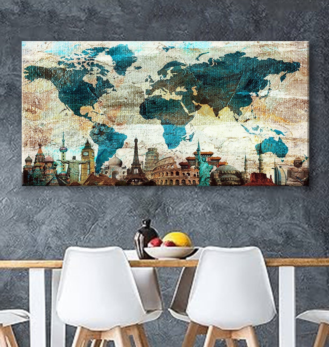 Art Canvas Print World Map Travel Push Pin Choose the Size Wall Decor ...