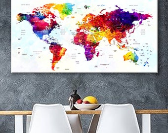 Impresión en lienzo artístico Mapa del mundo Pasador de viaje Elija el tamaño Decoración de pared Hogar Sala de estar Oficina Listo para colgar enmarcado 1.5" de profundidad (P2431)