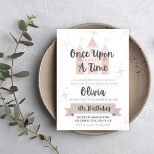 Bearbeitbare Prinzessin Geburtstagseinladung | Es war einmal Party einladen | Canva Vorlage für Mädchen | Märchenschloss Pink Digital Download